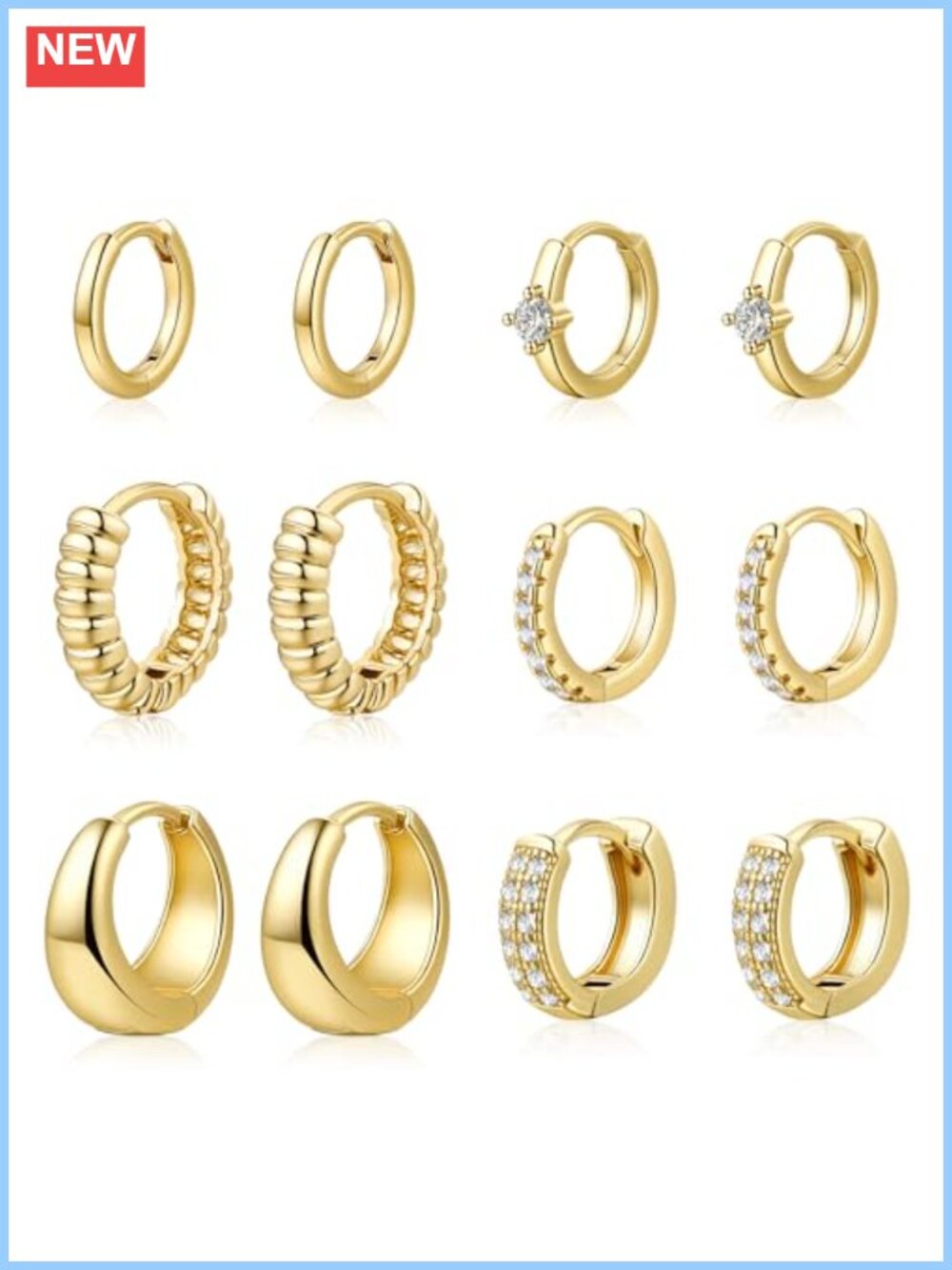 6 Pairs 14K Gold Plated Hoop Earrings Hypoallergenic Huggie Set